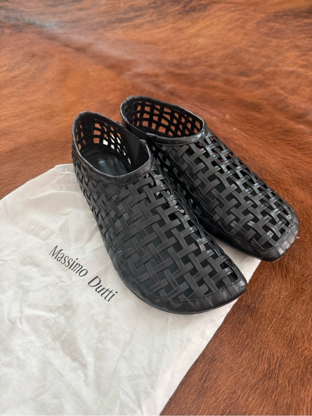 Massimo Dutti Limited Black Woven Leather Slip-On Loafers